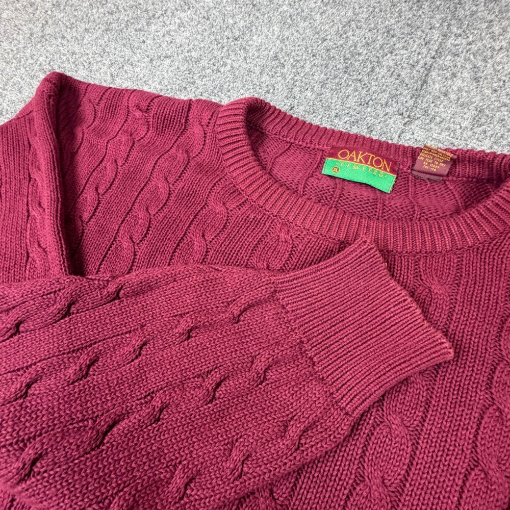 VTG Oakton Limited Mens XL Burgundy Cable Knit Cotton‎ Crewneck Sweater Maroon